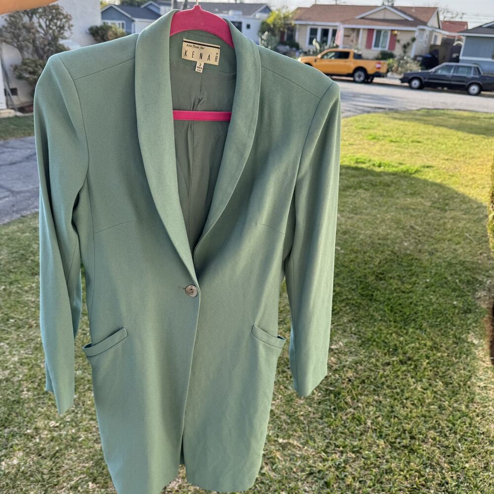 Vintage 80s Ann Tjian For Kenar Sea Foam Green Long Overcoat Blazer Size Small